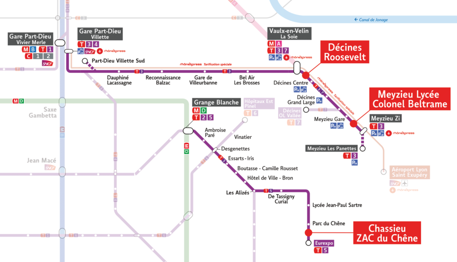  Carte des nouvelles stations sur les lignes T3, T5 et T7