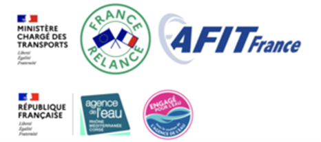 Logos du ministère des transports, de France Relance, AFIT France, Agence de l'eau, Engagé pour l'eau, République Française