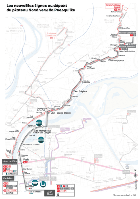 Carte des nouvelles lignes de bus au départ du plateau Nord vers la Presqu'île