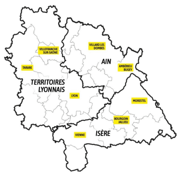 Carte du territoire concerné par l'enquête mobilité (Territoires lyonnais, départements de l'Ain et de l'Isère)