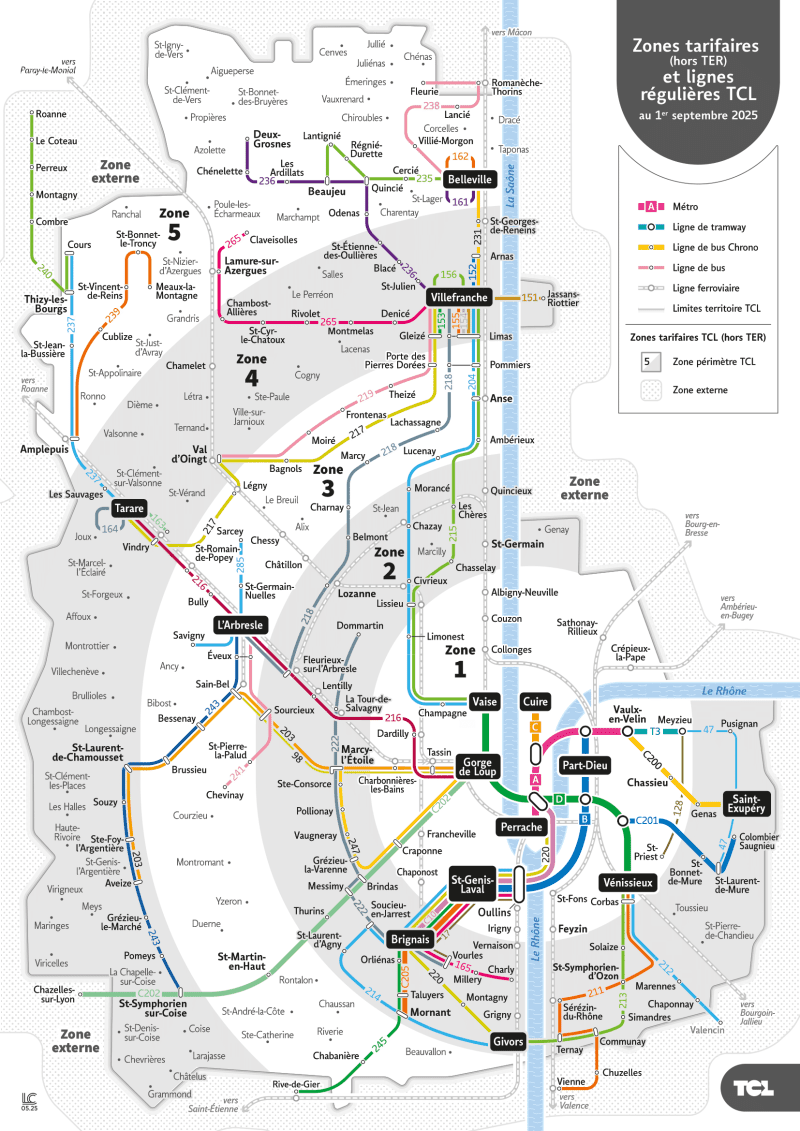 Carte des zones tarifaires et lignes régulières TCL au 1er septembre 2025