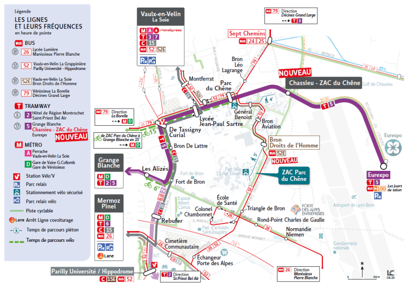 Plan des lignes et horaires dans le secteur de la station Chassieu ZAC du Chêne