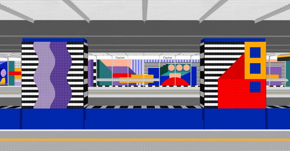 Vue d'artiste des quais rénovés de la station Flachet. Les piliers et murs sont habillés d'une fresque géométrique colorée composée de formes rouges, bleues, jaunes, vertes et violettes sur fond de rayures noires et blanches. Le nom de la station « Flachet » apparaît sur les panneaux en arrière-plan. L'ensemble présente un design graphique contemporain inspiré de l'art abstrait et de l'architecture urbaine.