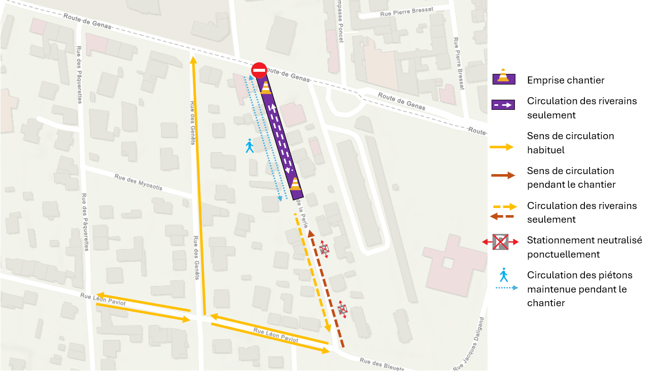 fermeture de la rue de la Perle au niveau de la route de Genas
