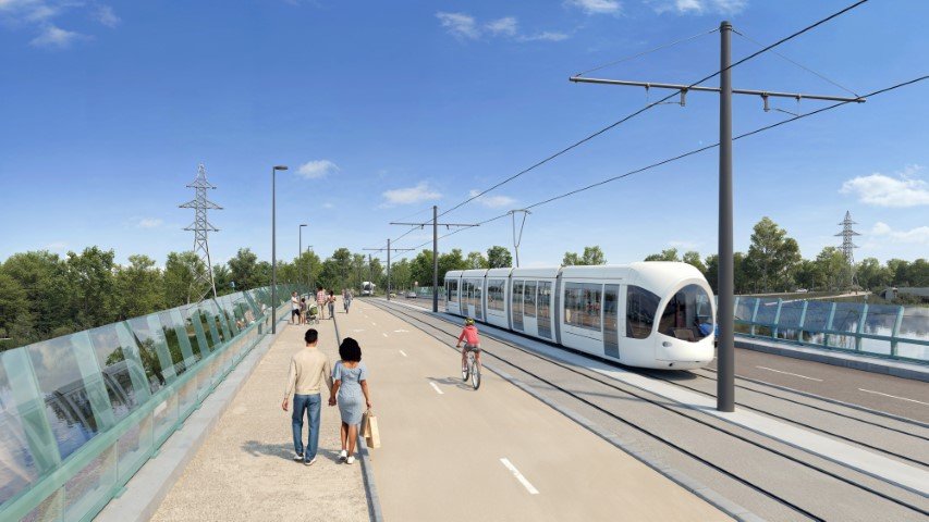 Perspective de l'ouvrage d'art du tramway T9 sur le canal de Jonage (crédit : Vectuel)